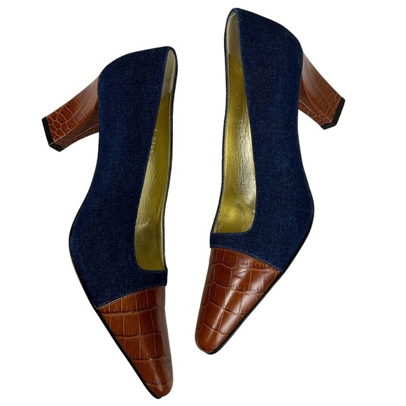 Escada 90s Denim Brown Croc Embossed Leather Block Heels 9.5N - Picture 3 of 7